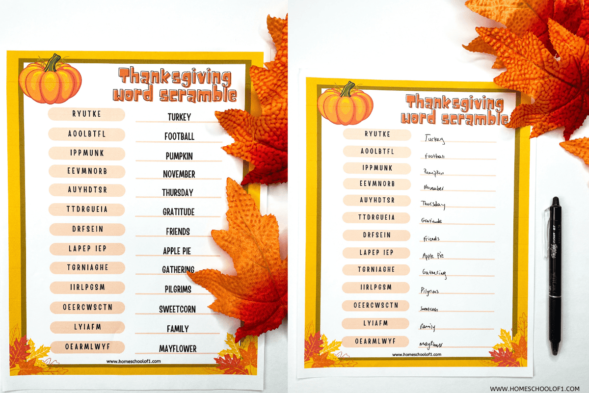 free thanksgiving word scramble printable (with answers)
